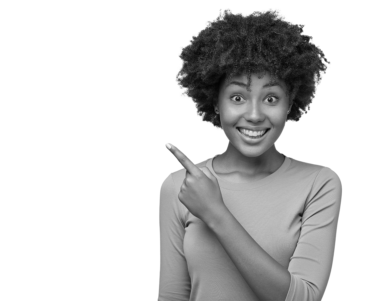 horizontal-shot-pretty-dark-skinned-woman-with-afro-hairstyle-has-broad-smile-white-teeth-shows-something-nice-friend-points-upper-right-corner-stands-against-wall